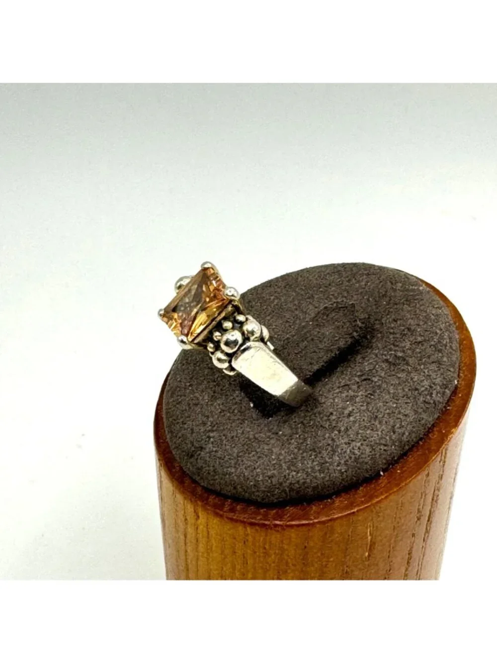 Citrine Prong Set Beaded Shoulders Ring Sterling Silver 925 Size 5.75